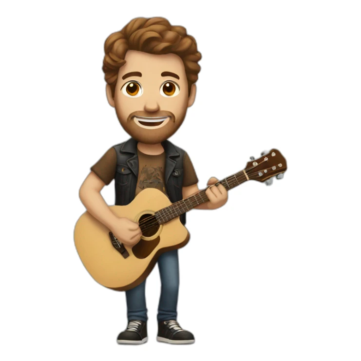white man with brown hair with tattoos with a guitar sticker