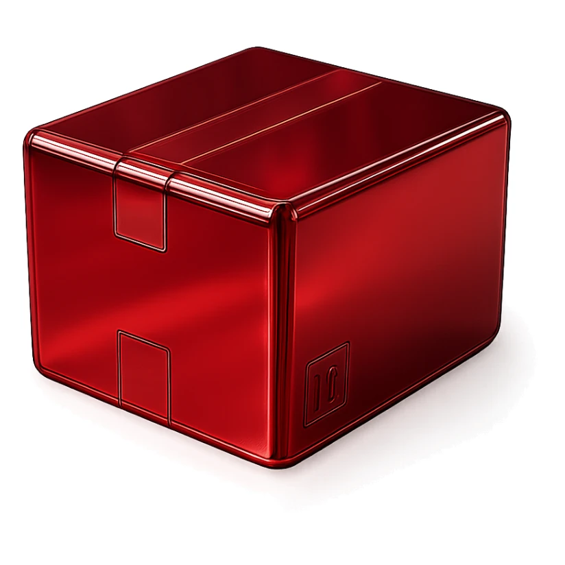 Add a specular layer with color #C31F3F to the chrome package box, keeping the metallic, shiny, modern look, and preserving the original shape and tape details. sticker
