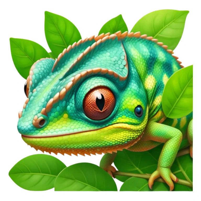 cinematic cute-smiling baby chameleon-realistic emoji,-blending-with-vibrant-greenery.-detailed-scales-in-shifting-colors,-showing-the-chameleon’s-ability-to-camouflage.-soft-natural-light-highlights-its-texture.-light-background, zoomed into its face sticker