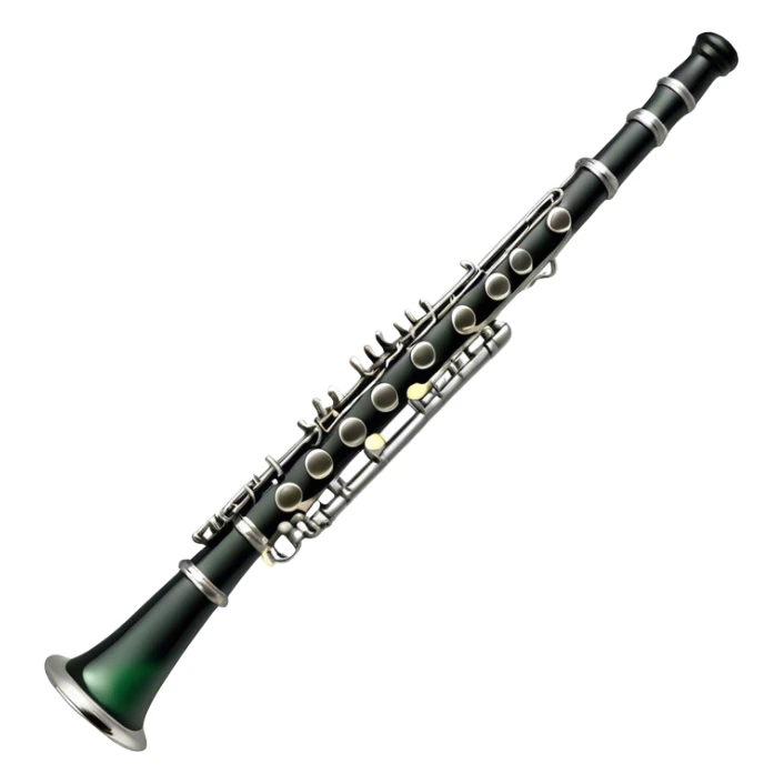 Create an elegant and refined emoji representing A clarinet. The design should showcase the sleek, black wood finish of the clarinet with its shiny metal keys and elegant detailing. Include the distinct, high-quality features of the Green Line model, such as the unique greenish tint of the wood, giving it a modern and sophisticated look. Add subtle elements like the mouthpiece with the reed, emphasizing its importance in sound production. Use dark tones like ebony, silver for the keys, and soft light reflections to evoke a professional, classical feel. The background should be transparent. sticker