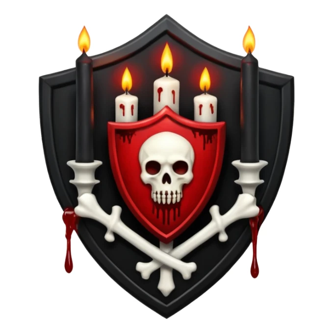 Creepy shield badge, candles, bones, blood dripping, gothic horror design, no background
 sticker
