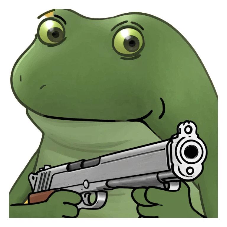 mob boss Italian frog holding a tommy gun, with a sly grin, taking tea sticker