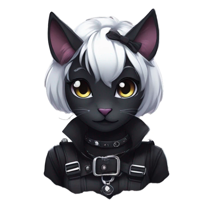 Gorgeous gothic dark techwear anime style anthro black cat furry with blushing face aesthetic and pretty edgy black with collar and harness trending style sticker