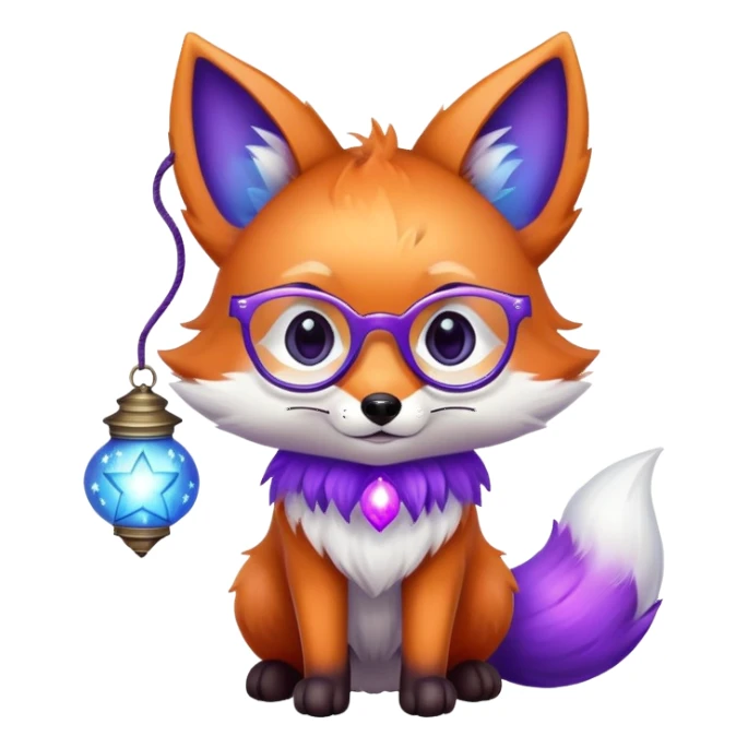 a small magical fox with shimmering purple and blue fur, a glowing fluffy tail, a silver star on its forehead, round glasses, and a tiny lantern. ❤️ sticker
