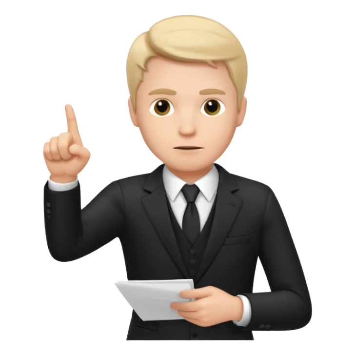 A white man in a black suit stands with a serious face and points at his hand holding papers. sticker