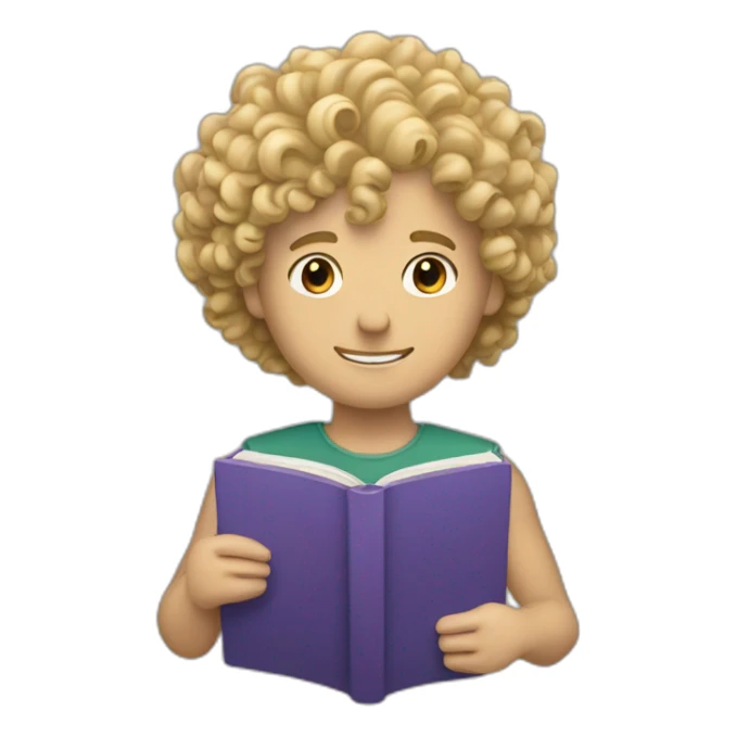 a blond and curly haired man holding a book sticker