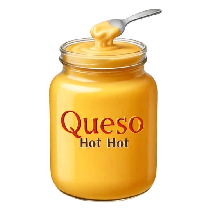 cheese sauce on a jar written "Queso Hot sticker