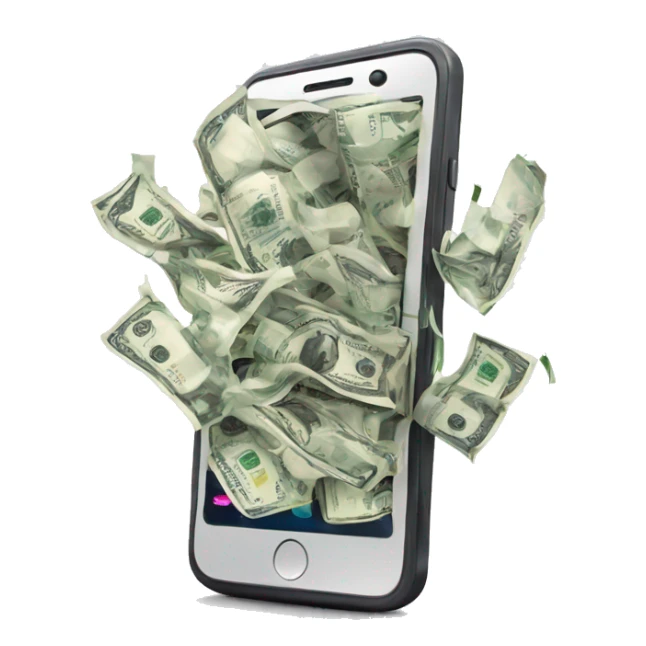 phone with dollar bills bursting out of the screen sticker