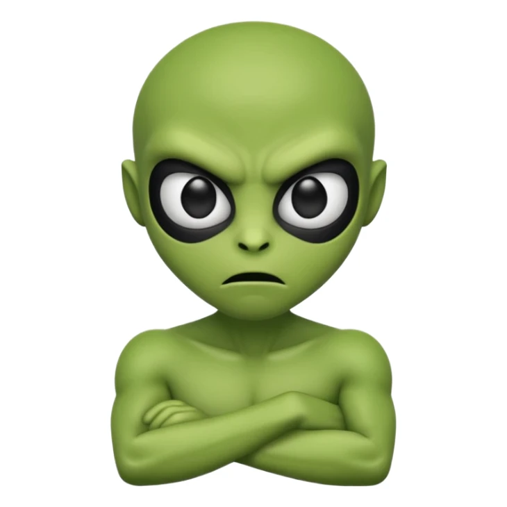 An emoji-style alien face with an angry expression, green skin, large black eyes, furrowed eyebrows, and a slanted side turned mouth, arms folded across chest showing contempt sticker
