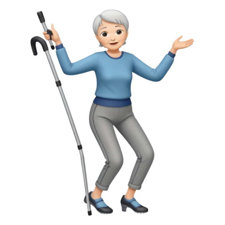 old woman with short hair, dressed with pants,  dancing with crutches sticker