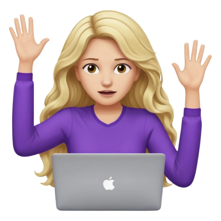 lady with long blonde wavy hair, purple top throwing her with a laptop looking exhausted sticker