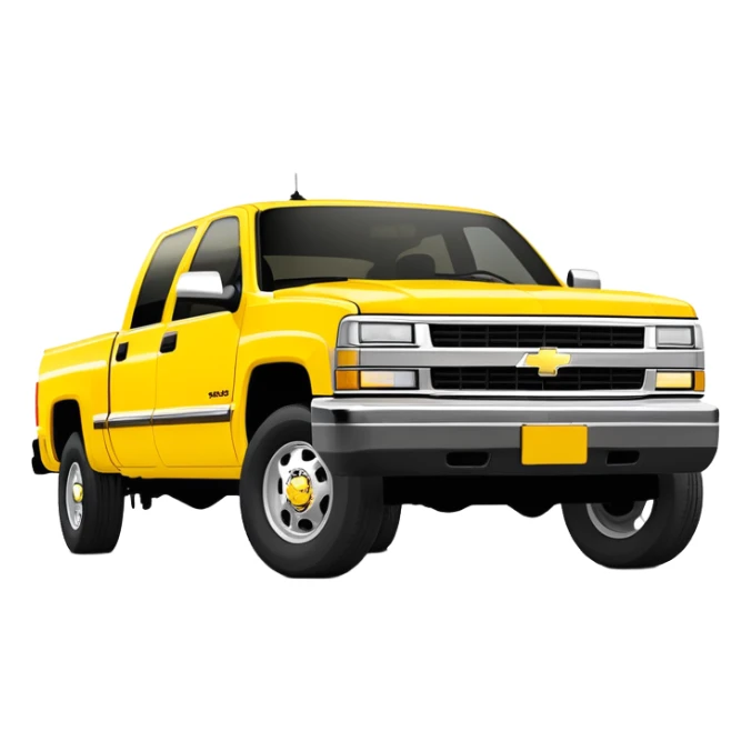 Iconic yellow 1997 Chevrolet C-2500 Crew Cab Silverado from Tarantino's Kill Bill, 30-degree perspective showing front and side, vibrant yellow paint job, minimalist style, iOS emoji sticker