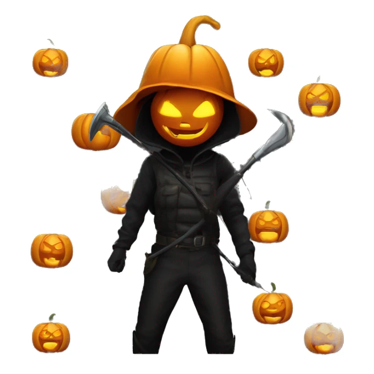 Human female pumpkin hunter with a scythe, glowing pumpkin eyes inside a black helmet, Halloween theme, emoji sticker