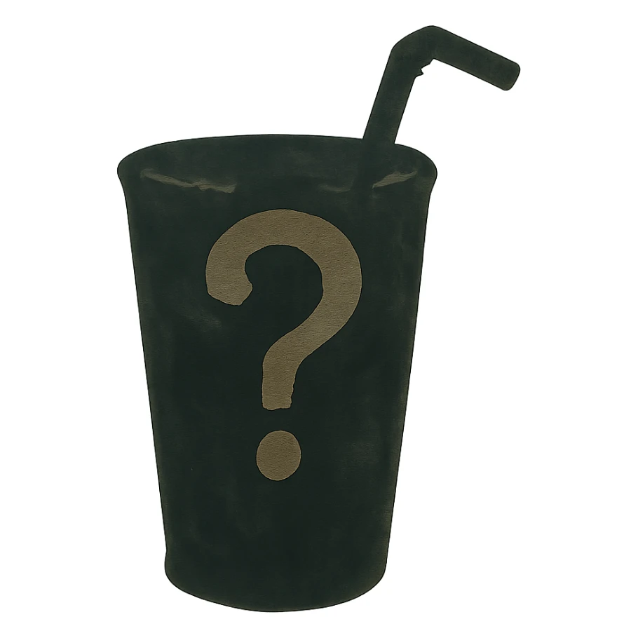 ghibli style silhouette of a glass with a straw covered by a question mark sticker