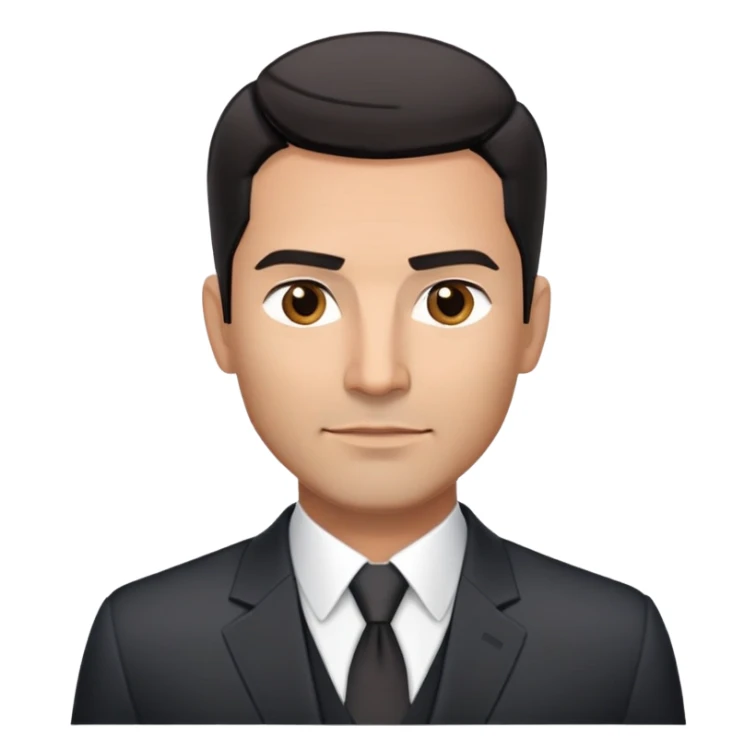 Handsome athletic Hispanic man in his late 40s with tan complexion, short black straight hair combed back with faded sides, square masculine face with defined jawline, neutral-friendly TV presenter expression, black suit jacket worn open with white button-up shirt visible sticker
