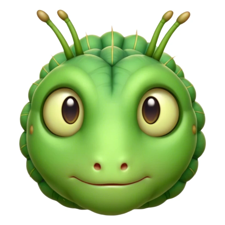 Cinematic Realistic Noble Caterpillar Portrait Emoji, Poised and serene, with a slender, segmented body covered in vivid, detailed green scales accented by subtle natural patterns, and a tiny, focused face with delicate, inquisitive eyes, rendered with lifelike texture and soft natural lighting, high shine, intelligent and delicate, styled with an air of woodland elegance, focused and attentive, soft glowing outline, capturing the essence of a watchful and confident looper caterpillar that appears ready to inch gracefully out of the screen with natural authority! sticker