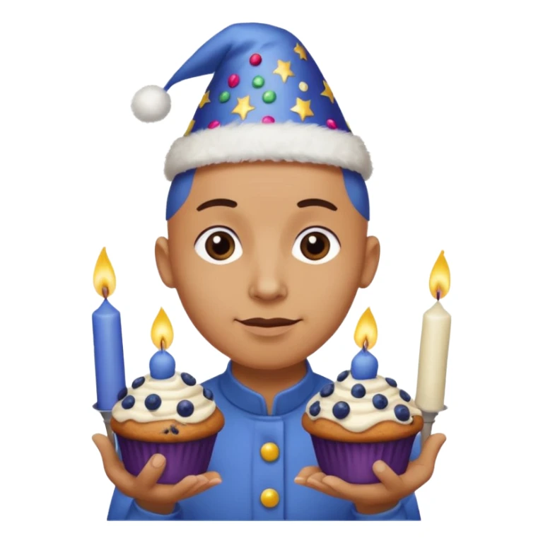 Blueberry Muffin celebrating birthday. Make sure it actually looks like a muffin with candles. Somebody holding it with party hat and bald sticker