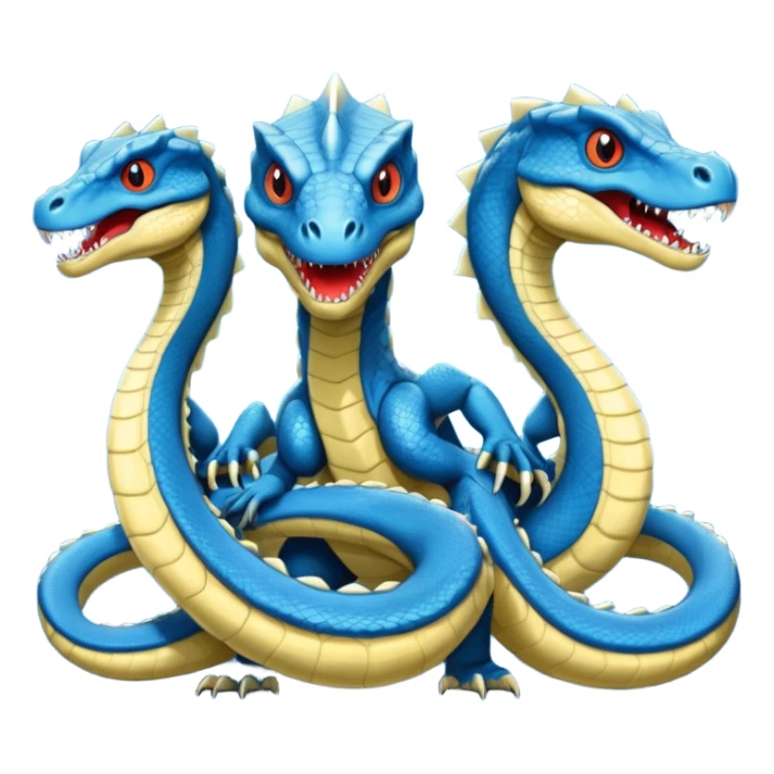 blue hydra, strong reptilian body, like a dinosaure, not like a snake,  with 3 serpent-like heads rising from its neck sticker