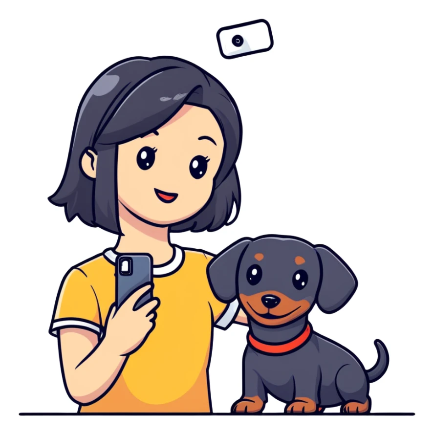 black hair asian girl taking selfie with black dachshund sticker
