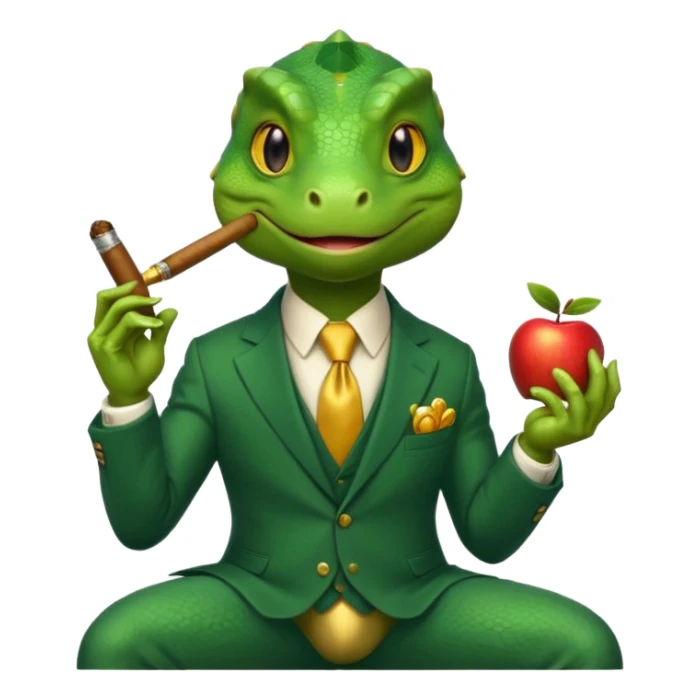 lizard in a business suit with a sly expression, holding a cigar, sitting on gold coins, apple emoji style, no text sticker