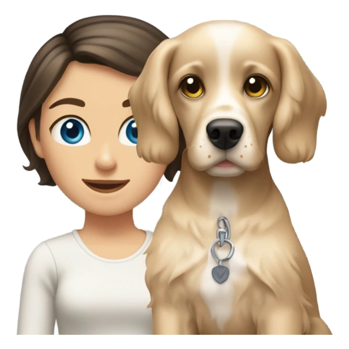 brunette girl short hair blue eyes  with blonde cocker spaniel sticker