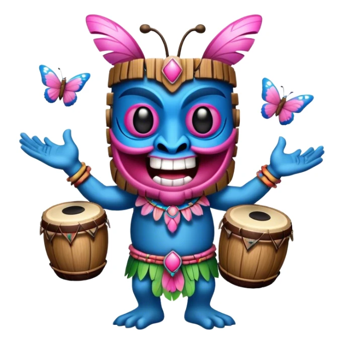 Cartoon Blue and pink tiki singing with butterfly and bongos sticker