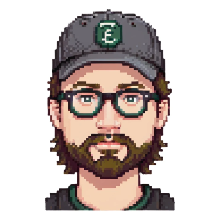 adventurer with goatee beard (no beard on cheeks), short hair, glasses and backwards baseball cap sticker
