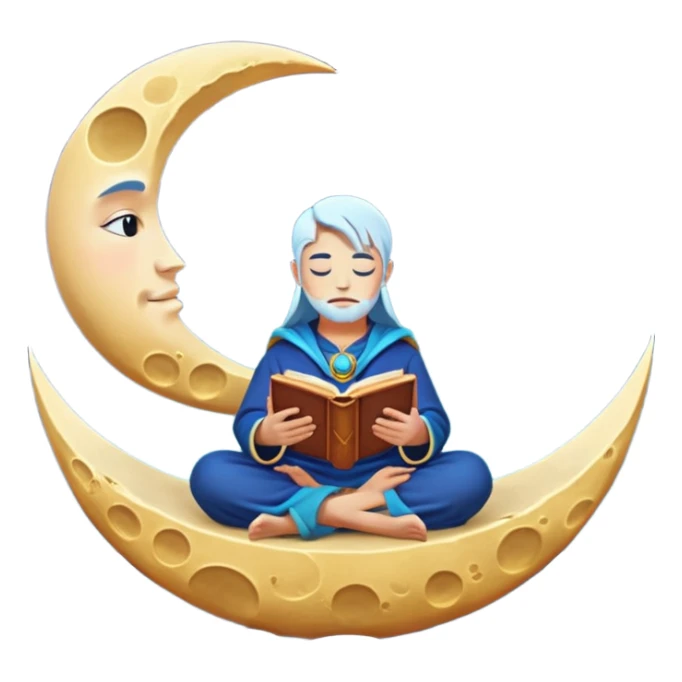 human mystic character reading alchemy book under giant floating moon sticker