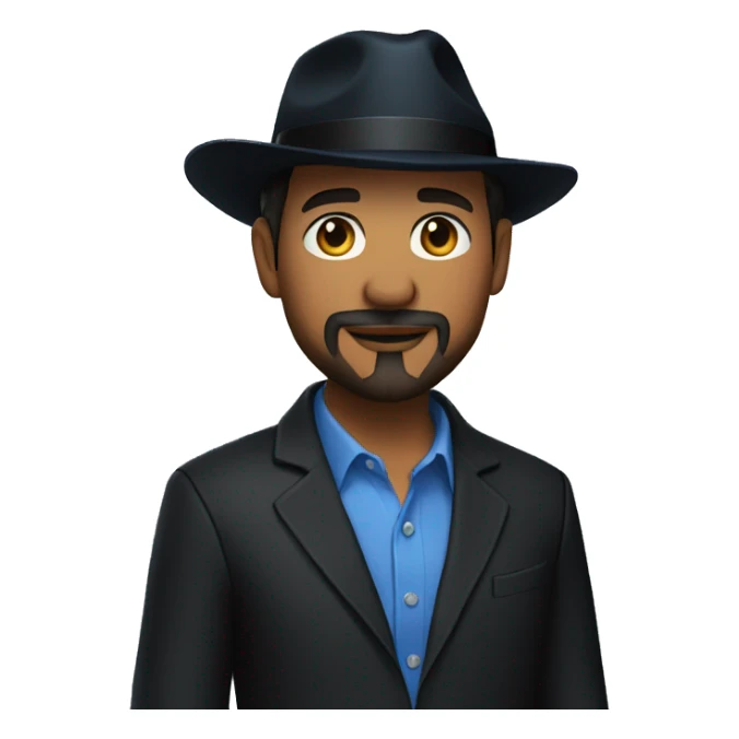Man in blue button down shirt, goatee, black blazer, black fedora sticker