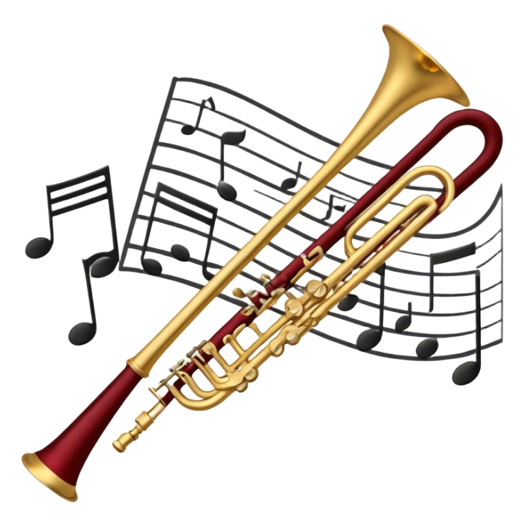 Create a sophisticated and elegant emoji that represents orchestration and arrangement. The design should feature a conductor’s baton, musical notes, and a symphonic score, symbolizing the process of arranging and orchestrating music. Incorporate instruments like a violin, trumpet, and piano keys subtly in the background, representing different sections of the orchestra. Use classical and refined colors such as gold, deep red, and black to evoke the grandeur and precision of orchestration. The background should be transparent. sticker