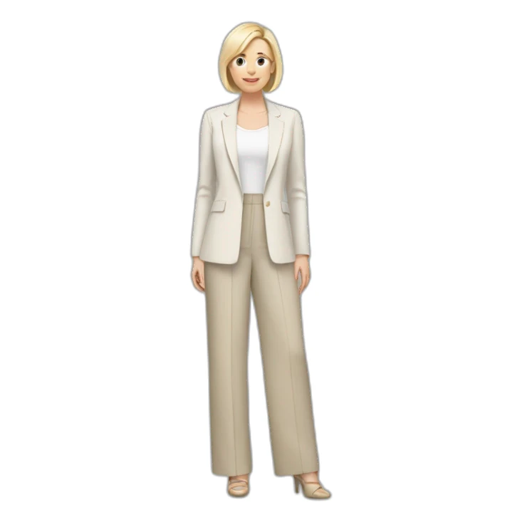 Full height Actively gesturing with hands pale skin woman with ash blonde Straightened bob Hair, White Spacious classical jacket, beige palazzo Arrow pants and gray blouse sticker