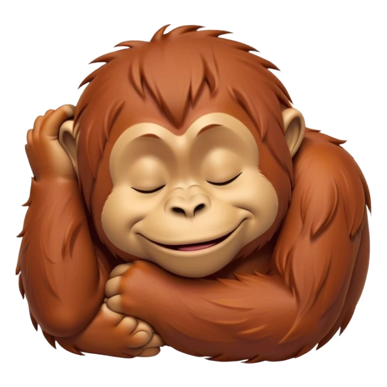 Meme-Worthy cute Sleeping Orangutan Portrait Emoji, Head resting peacefully with a contented smile, showcasing luxuriously soft fur and eyes gently closed in serene slumber, Simplified yet comically adorable features, highly detailed, glowing with a soft, drowsy jungle light, high shine, relaxed and utterly lovable, stylized with an air of playful laziness, bright and heartwarming, soft glowing outline, capturing the essence of a sleeping orangutan that feels destined to become the next viral icon of adorable rest! sticker