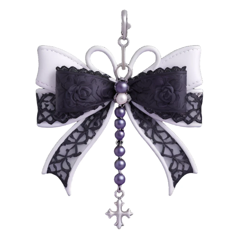 gothic bow, white leather, silver bat charm, black rose center, black lace trim, dark pearl details, silver cross charm sticker