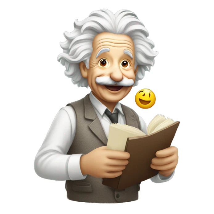 happy albert einstein holding tada emoji in one hand sticker