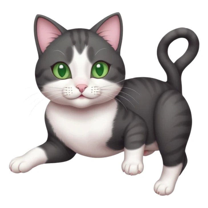 beautiful female solid dark grey cat with green eyes, white toes/paws and white patch on her chest playfully rolling upside down sticker