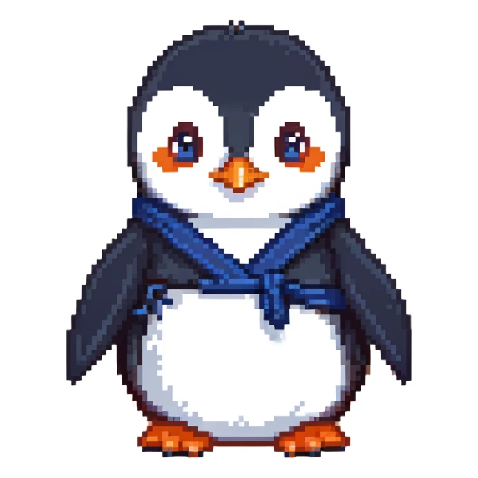 A penguin wizard with a serious expression, wearing a dark blue robe, hands clasped together sticker