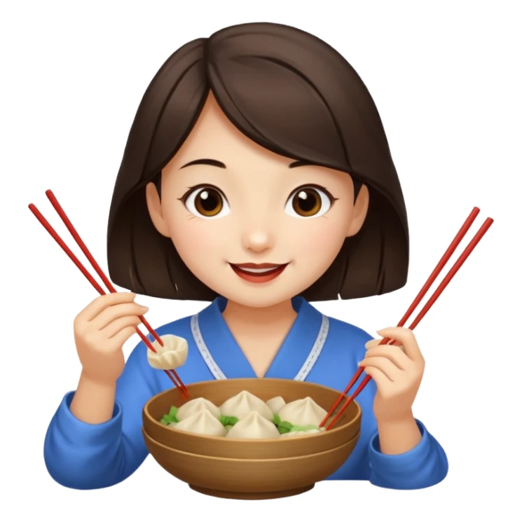 A dark brown-haired girl happily eating dumplings. sticker