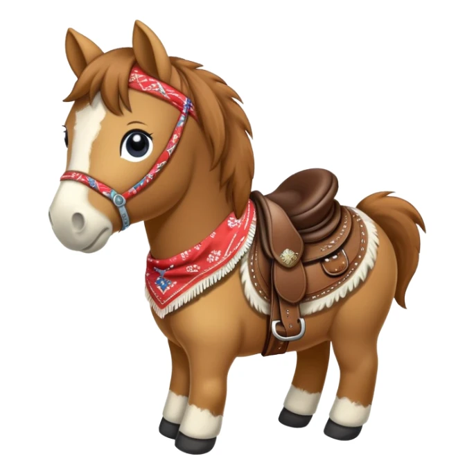 A brown plush pony with a western saddle and bandana sticker