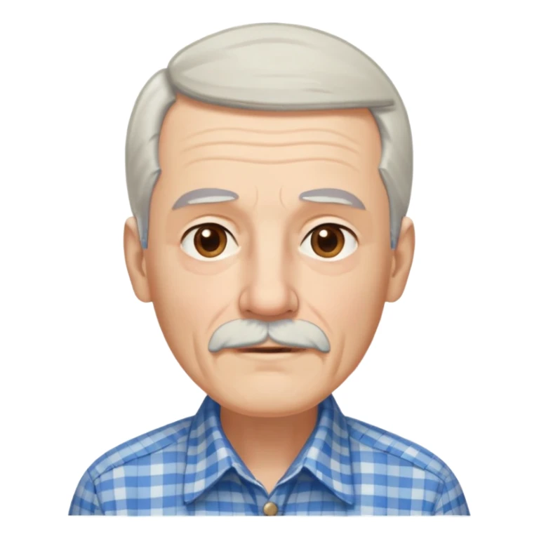 Thin elderly man with light skin. Elongated face with kind expression. Light brown eyes. Thin eyebrows. White goatee and white mustache. Fine straight gray-white hair with bangs, hair is long and goes past his ears. Slim build. Wearing a blue and beige checkered button-up shirt. sticker