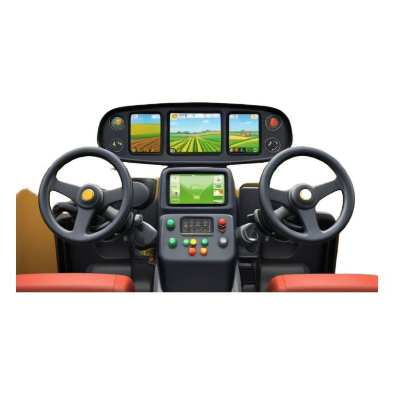 a view from the tractor cabin, with the dashboard in focus, overlooking a vibrant rural landscape. Inspired by Farming Simulator 22, the scene includes fields, crops, and distant barns under a bright sky. The design highlights the immersive experience of farm management. transparent background sticker