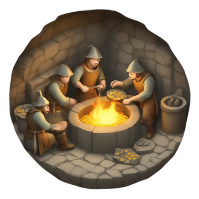 inside of a medieval mint showing different people working creating coins with a furnace sticker