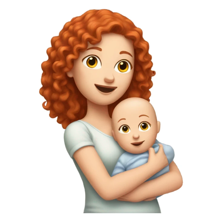 white girl with long red curly hair holding bald baby sticker