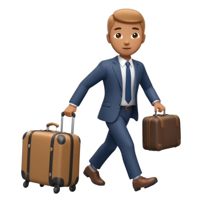 A 3D cartoon man in formal clothes pulling a suitcase behind him, slight motion blur, Memoji-style. sticker