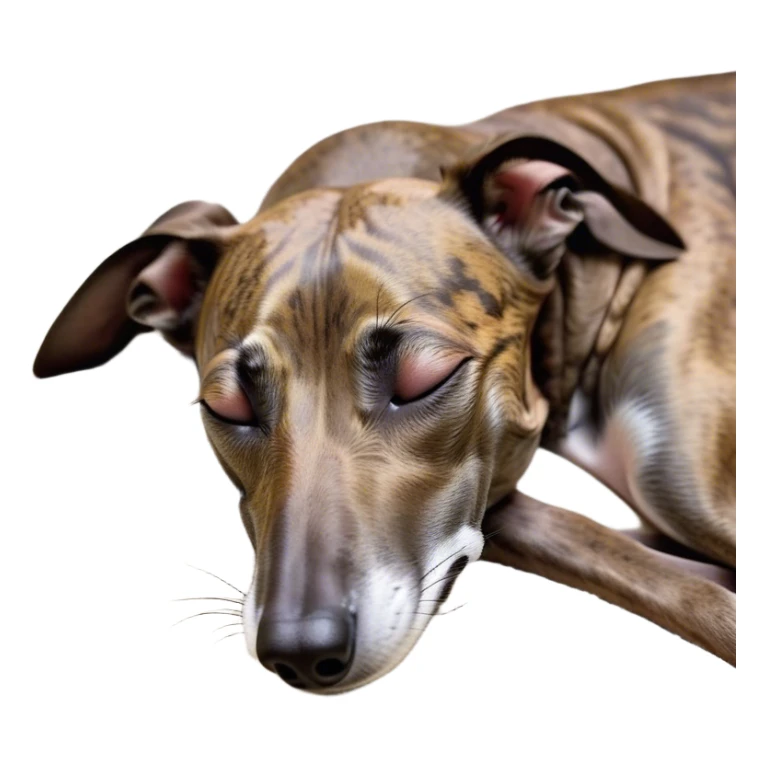 Meme-Worthy Cute Sleeping Brindle Greyhound Portrait Emoji, Head resting peacefully with a contented smile, showcasing a slender build and a luxuriously smooth brindle Fur, eyes shut in a serene nap, Simplified yet hilariously adorable features, highly detailed, glowing with a soft, drowsy light, high shine, relaxed and utterly lovable, stylized with an air of playful laziness, bright and heartwarming, soft glowing outline, capturing the essence of a comically sleepy racer, so meme-worthy it feels like it could instantly become the next viral sensation of adorable slumber! sticker