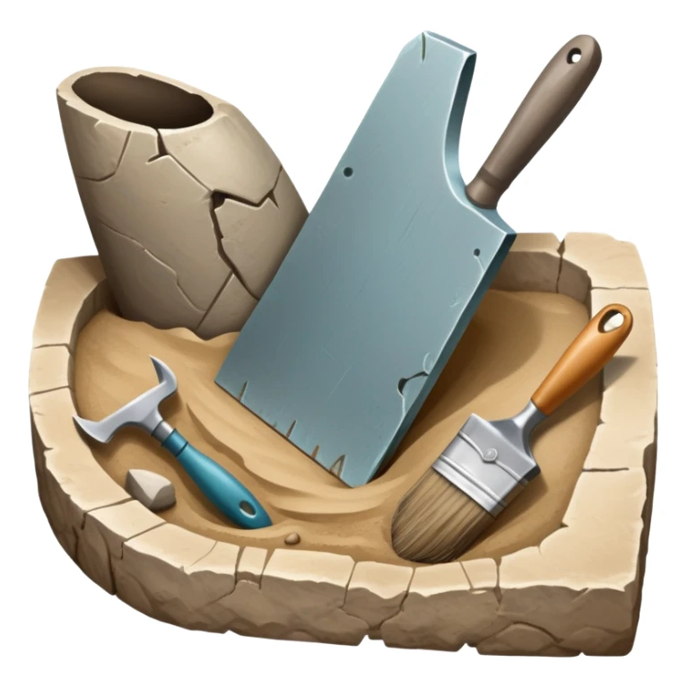 An icon showing an archaeologist’s tools: a trowel, brush, and a partially uncovered ancient artifact like a vase or tablet. The design includes a sandy excavation site with ruins in the background, symbolizing the discovery of past civilizations. Transparent background  sticker