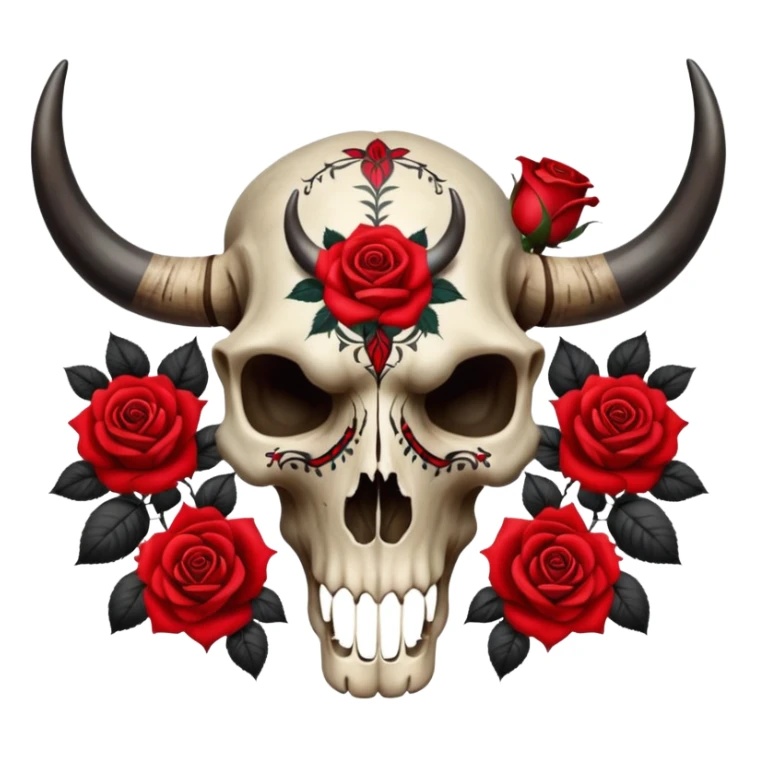 Aesthetic bull skull cranium with red roses, black painted tribal tattoo pattern markings  sticker