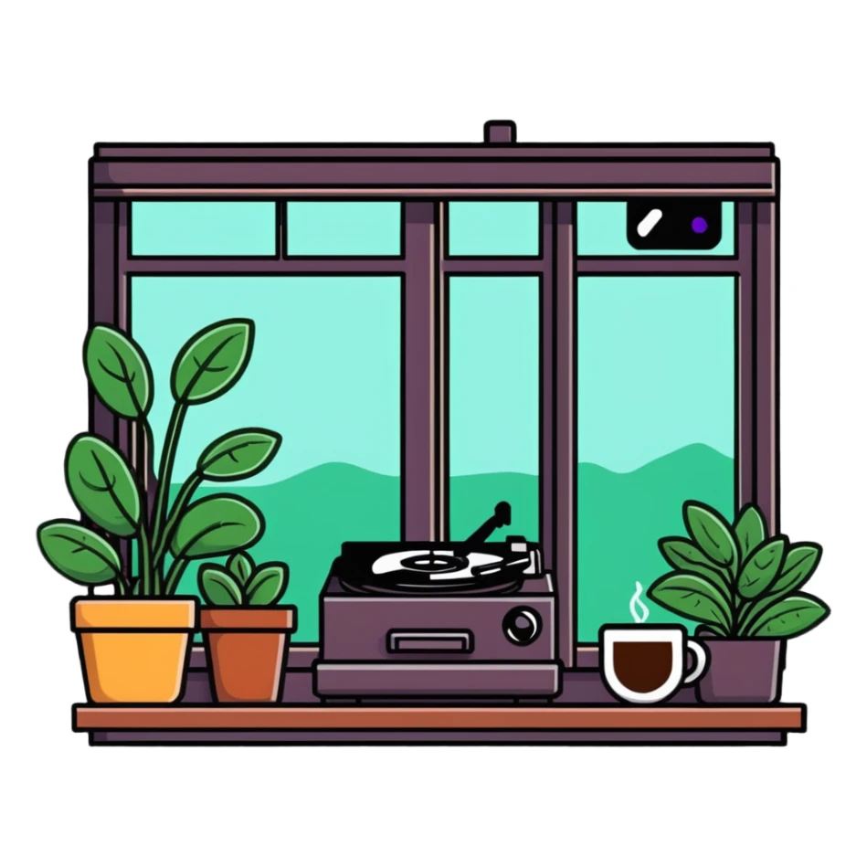 cozy indie coffee shop with plants and record player sticker