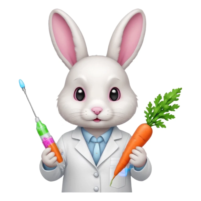​​White bunny in lab coat holding carrot syringe.







 sticker
