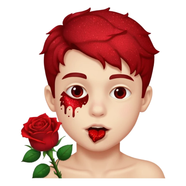 red glitter naughty-looking boy biting a rose in his mouth sticker