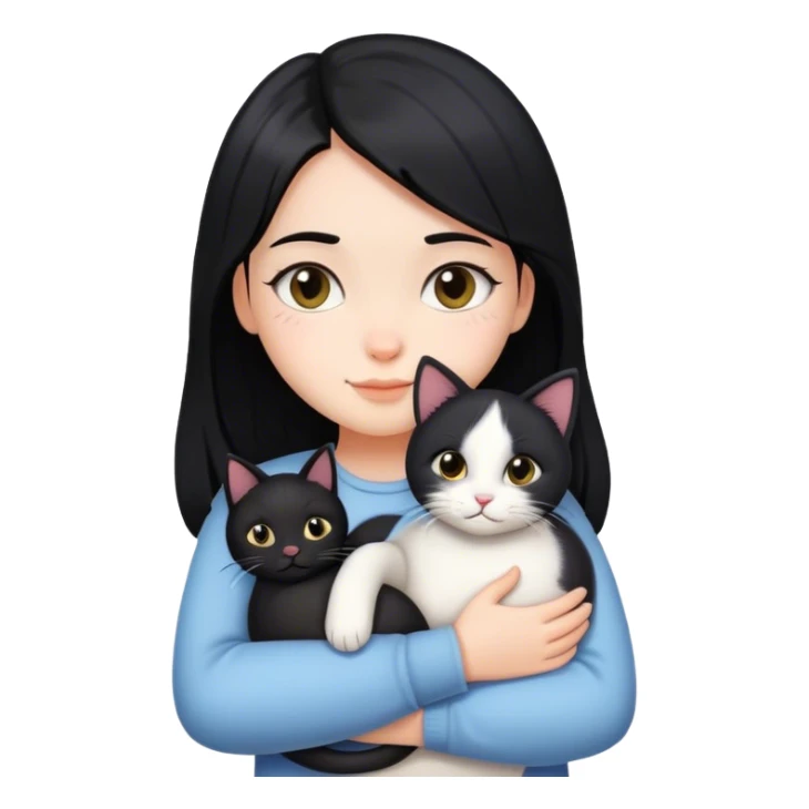 A white cute gilr with black middle hair hugging a cat sticker
